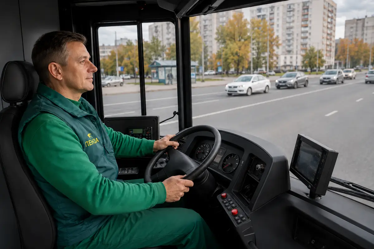 Водитель за рулём в кабине автобуса